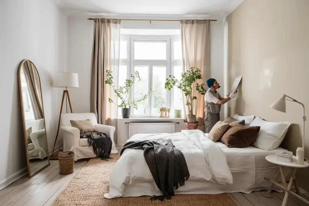 Person hanging a picture in an organic modern bedroom with a large window, plants, a bed, an armchair, and a full-length mirror.
