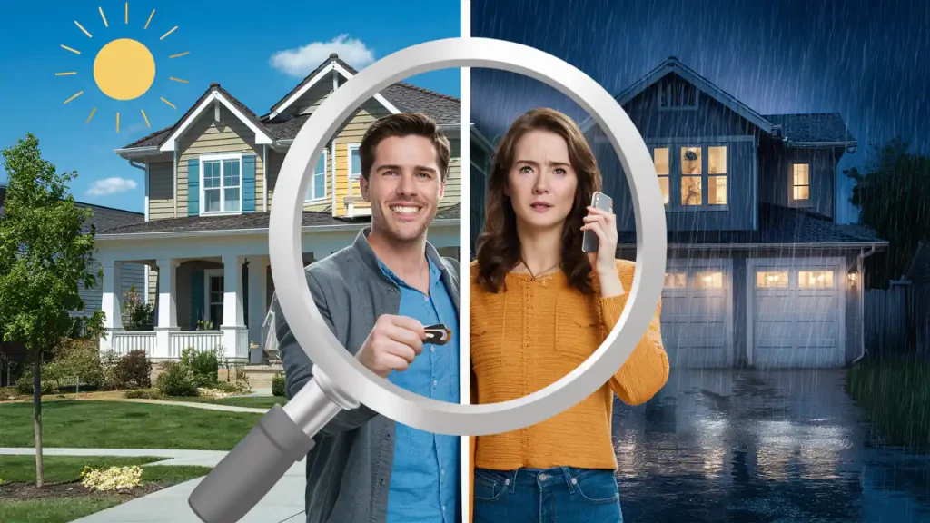 A split image of a man holding house keys under sunlight, symbolizing an essential step in purchasing a home, and a worried woman talking on the phone in the rain.