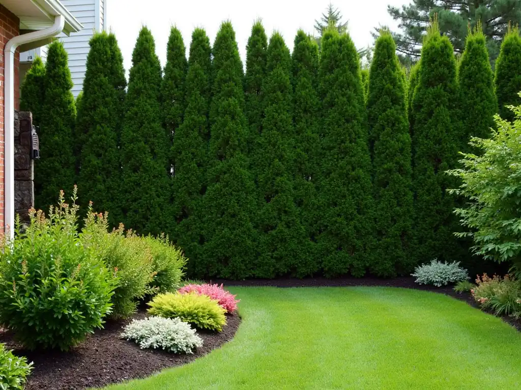 A backyard with a well-manicured lawn, various shrubs, and a tall evergreen hedge along the back boundary creates a stunning garden.
