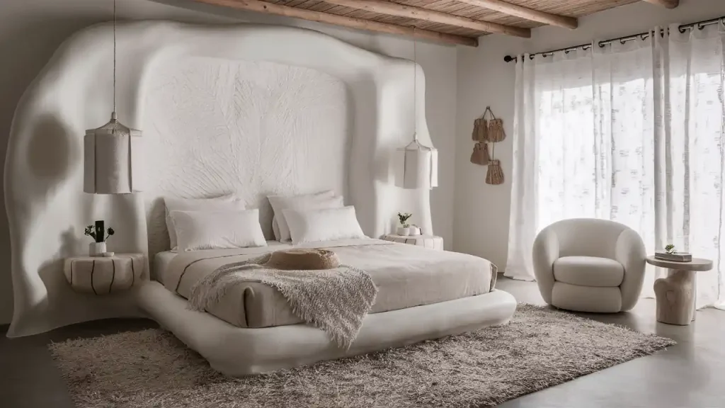 Minimalist bedroom with a white bed, textured headboard, pendant lights, cozy armchair, and natural light from sheer curtains embodies an Organic Modern Style.