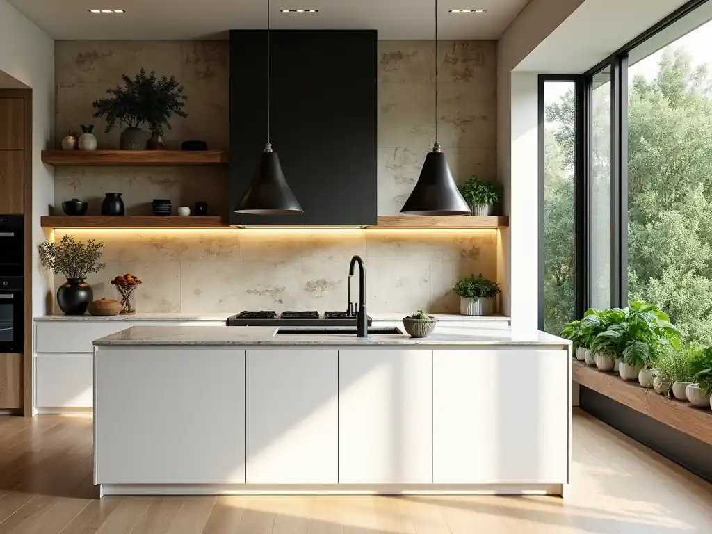 Modern kitchen with white island, black fixtures, large windows, hanging lights, and open shelves with Organic Modern Kitchen Decor and plants.