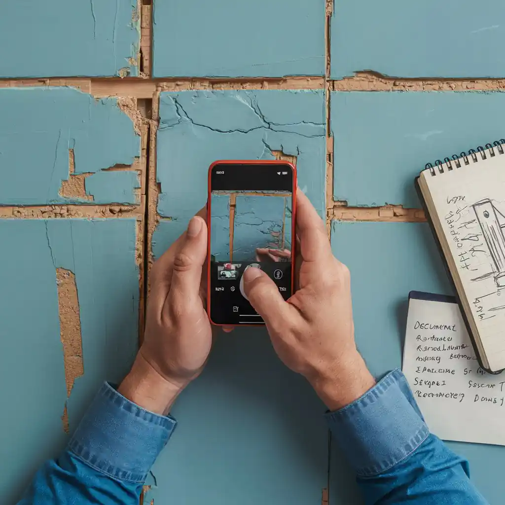 Person taking a photo of a cracked, teal-painted wall with a smartphone, documenting defects during renovation; notebook and pen nearby.