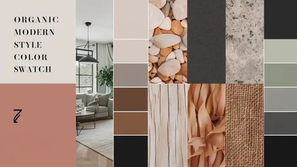 Organic Modern Interior Design color swatch showing hues with natural textures, including pebbles, wood, fabric, and room interior.