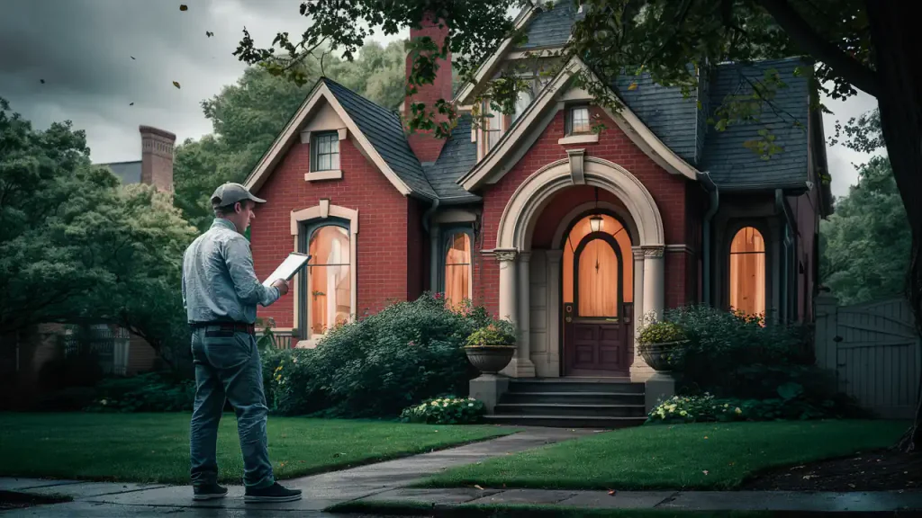 A man with a tablet stands in front of a charming red-brick house with warm lights and a well-kept garden on a cloudy day, pondering the important steps in purchasing a home.