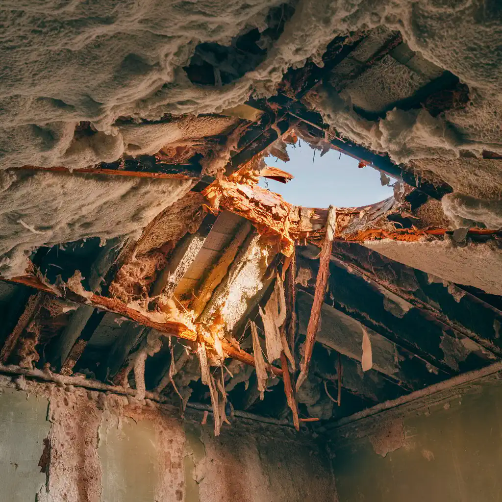 A collapsed ceiling with a large hole exposing blue sky, showing damaged wooden beams and spray-foam insulation hanging down.