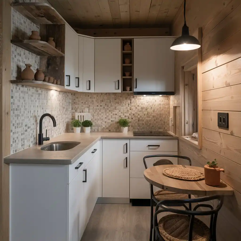 Cozy kitchen with white cabinets, mosaic backsplash, a round dining table, and wooden decor on shelves and walls, exemplifying Organic Modern Kitchen Decor.