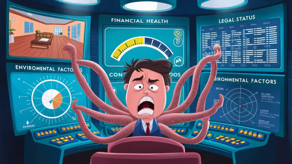 Cartoon of a stressed businessman with many arms trying to manage financial, legal, and environmental factors on a control panel, reminiscent of the complexities encountered when buying a house.