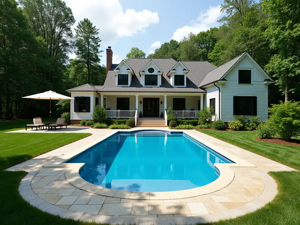 A beautiful white house with a large front porch and a swimming pool in the backyard, surrounded by lush greenery and the best ground cover for avid gardening enthusiasts.