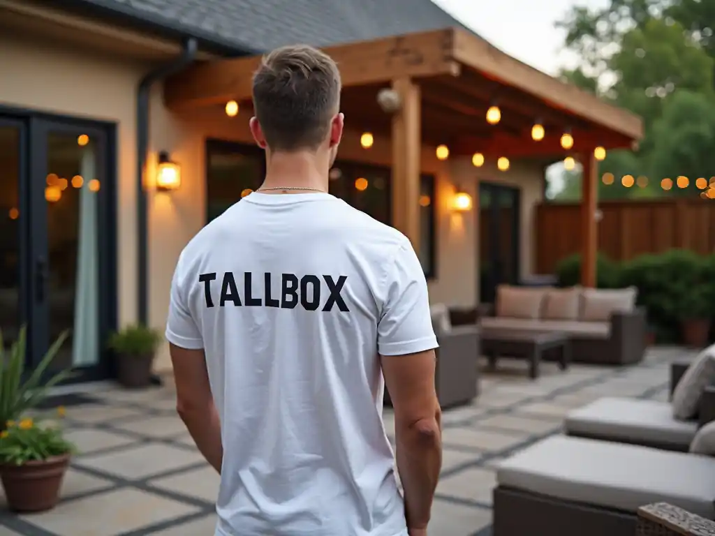 3D designer from "TALLBOX" standing on a patio with outdoor furniture and string lights hanging from a wooden pergola, surrounded by lush garden ground cover.