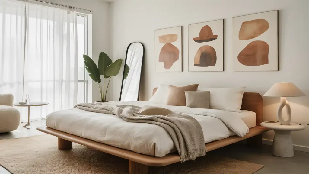 Minimalist bedroom with a wooden bed, white bedding, abstract wall art, floor mirror, potted plant, and soft lighting. The organic modern design of the space creates a serene and elegant atmosphere.