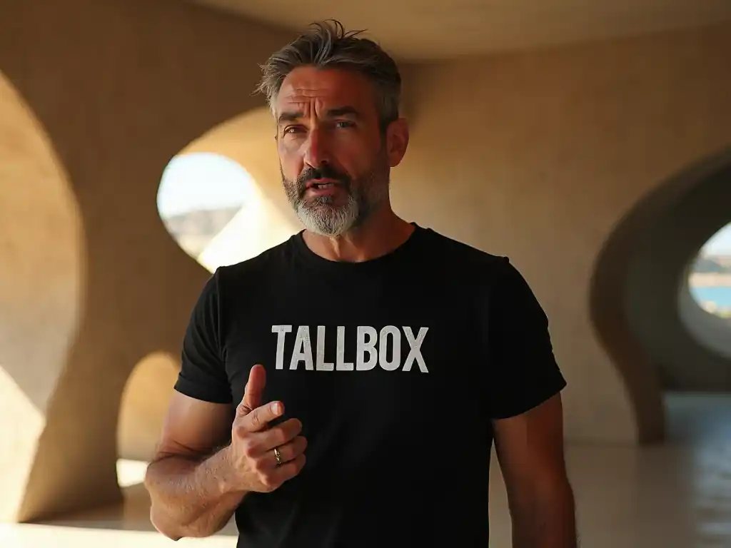 A man stands indoors, wearing a black "TALLBOX" t-shirt, pointing toward the camera. The curved architectural background evokes the feel of a warm modern bathroom.