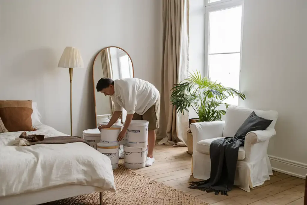 Person organizing paint buckets in a cozy organic modern bedroom with a bed, mirror, armchair, and potted plant near a window.