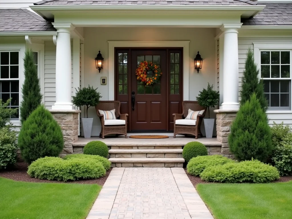 Front porch with two chairs, autumn wreath on the door, stone steps, and well-manicured greenery with the best ground cover in the front yard.