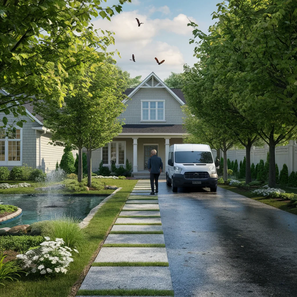 A person walks towards a house with a van parked on the driveway, surrounded by lush ground cover and trees, with a small pond on the left.