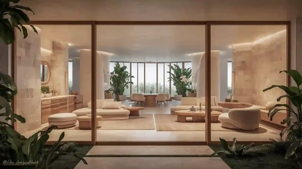 Organic Modern living room with large windows, beige furniture, and indoor plants. Glass doors open to a garden space.