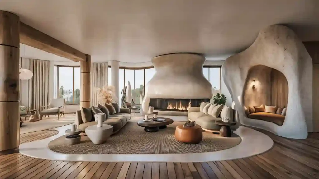 An Organic Modern Living Room featuring curved beige walls, large windows, a fireplace, cozy sofas, round tables, and wooden flooring.