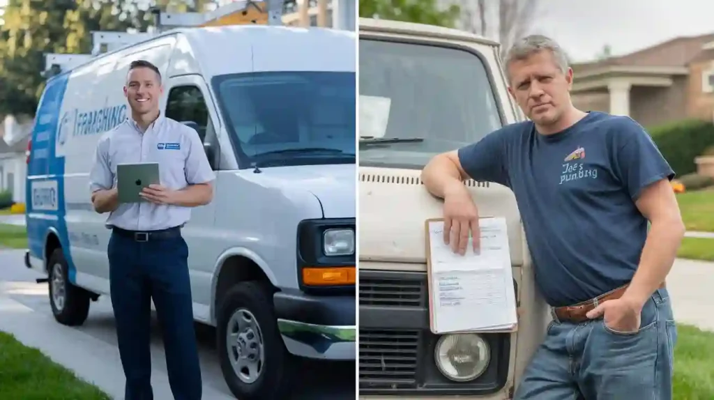 Two plumbers, each standing by their work vans—one with a tablet and the other with a clipboard—both looking confidently at the camera, exemplify efficient franchise contractors.