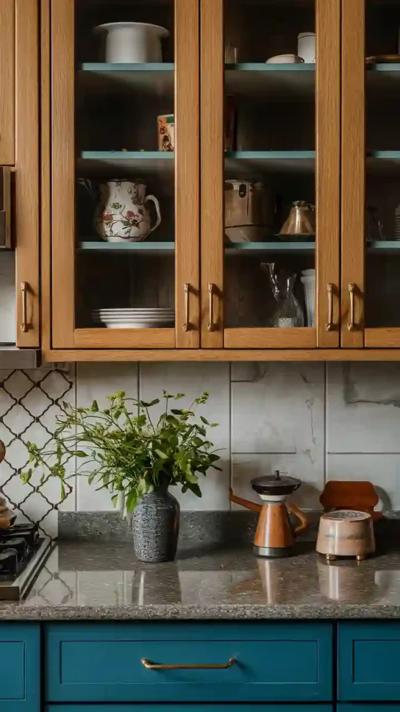 A kitchen with wooden cabinets, a potted plant, and an orange kettle on a granite countertop can significantly increase apartment value by enhancing the charm.