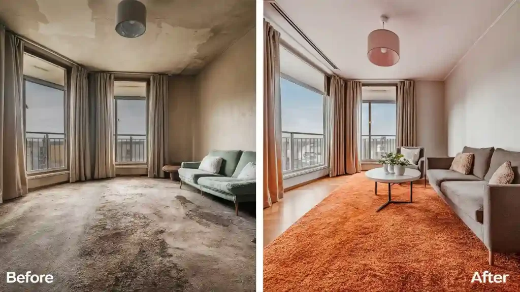 Before and after image of a living room renovation, showing a shabby space transformed into a clean, modern one. Simple updates and fixing small things can significantly increase the apartment value.