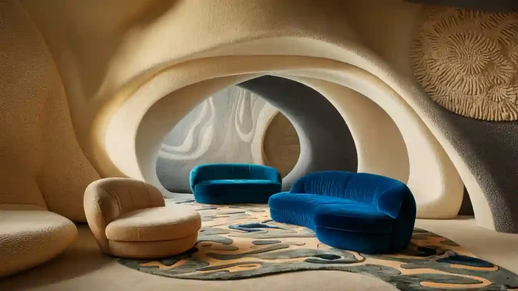 An Organic Modern Living Room with abstract curved walls, featuring blue couches, a beige chair, and a patterned rug.