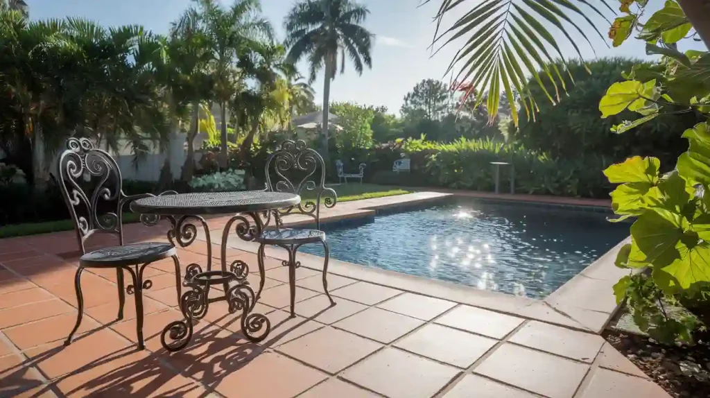 Outdoor space featuring wrought iron furniture on elegant terracotta tiles beside a sparkling pool, surrounded by lush tropical plants and palm trees.
