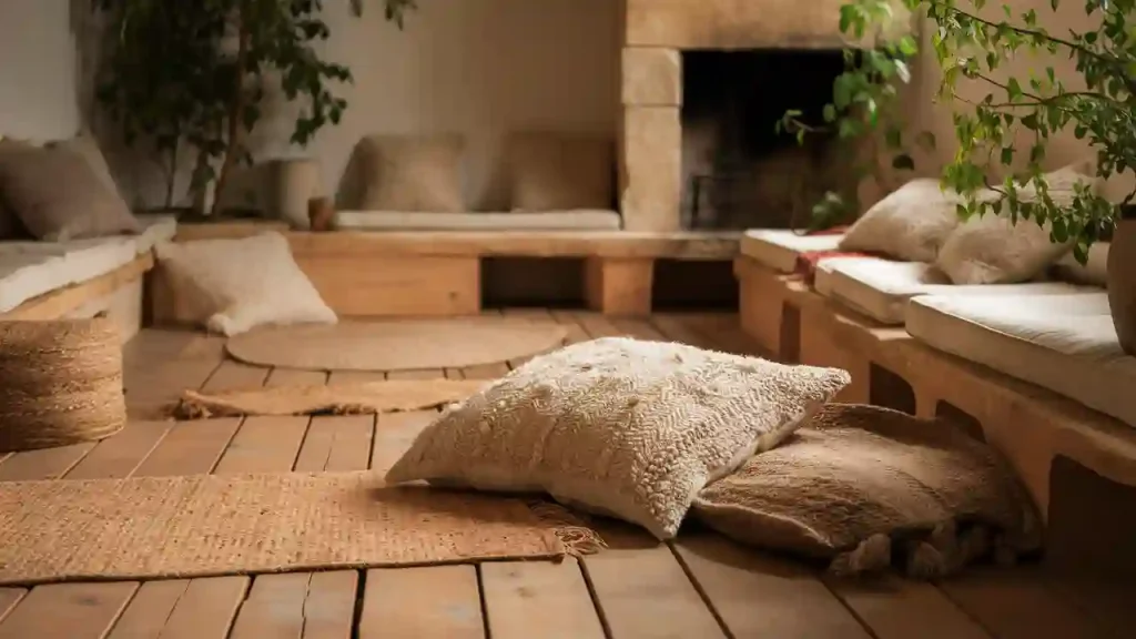 Cozy Organic Modern living room with wooden floor, cushions, a fireplace, and greenery, creating a warm and inviting atmosphere.