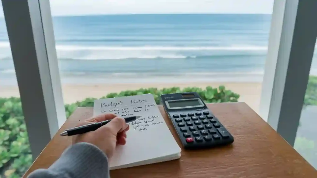 A hand writes budget notes on a notepad beside a calculator, with an ocean view in the background—essential details you need to know before buying that dream beach house.
