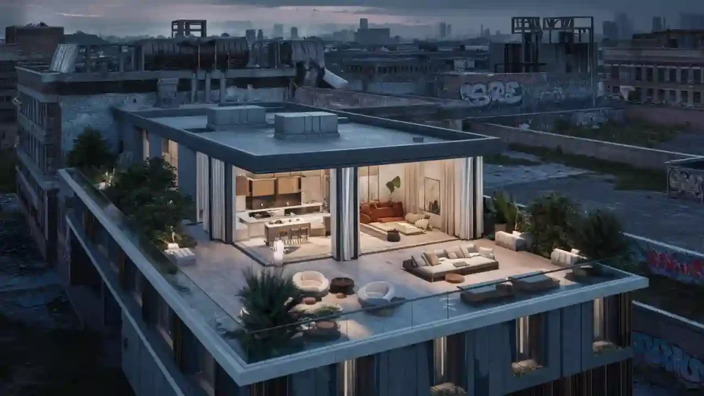 A modern rooftop apartment with large glass windows, open living space, and outdoor seating, set against an urban backdrop. Perfect for those interested in home improvement to boost apartment value with just a few small fixes.