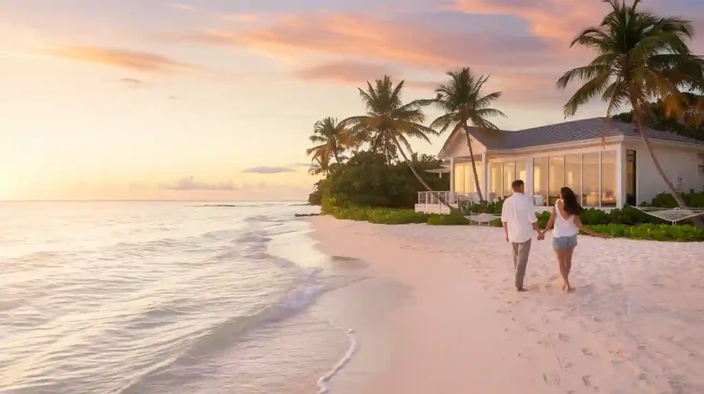 A couple walks hand in hand on a sandy beach at sunset, with palm trees swaying and a charming beach house in the background.