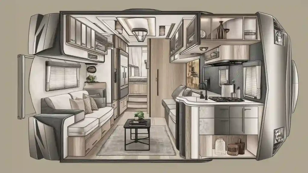 Interior view of a modern RV home with a kitchenette, seating area, and wood accents cascading towards a bedroom at the back.