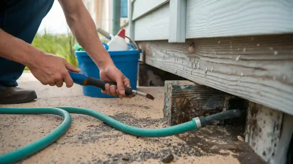 A person is using a blowtorch near a garden hose and worn wooden structure, with a blue bucket in the background. If you're planning on buying this beach house, you need to know about its maintenance needs.