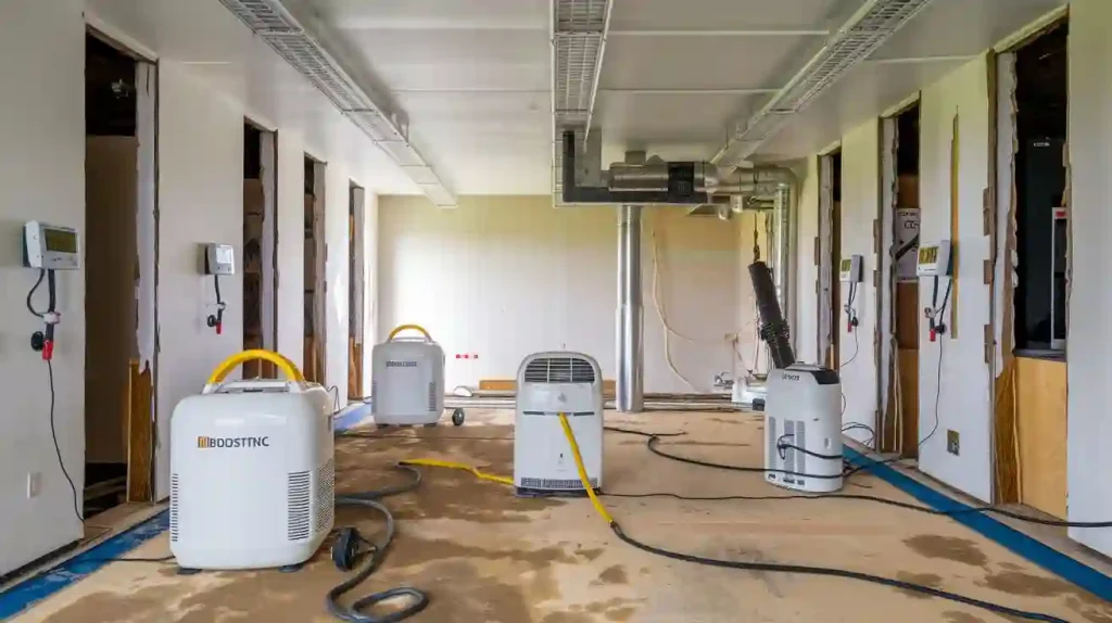 Restoration companies use industrial dehumidifiers and drying equipment to mitigate property damage in partially constructed or renovated building spaces.