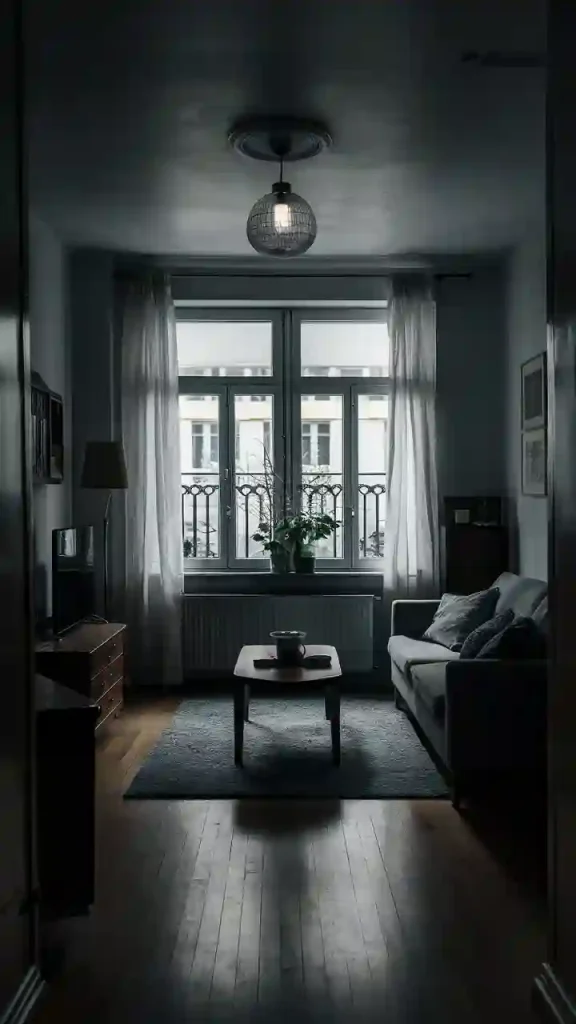 A dimly lit living room with a couch and coffee table, framed by a window with sheer curtains letting in natural light, can maintain the value of your apartment when you fix small things promptly.