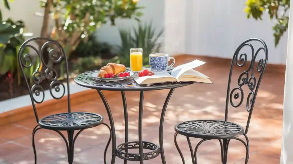 A wrought iron table with breakfast items, a book, coffee, and juice sits on terracotta tiles, surrounded by two chairs in a sunny outdoor space.