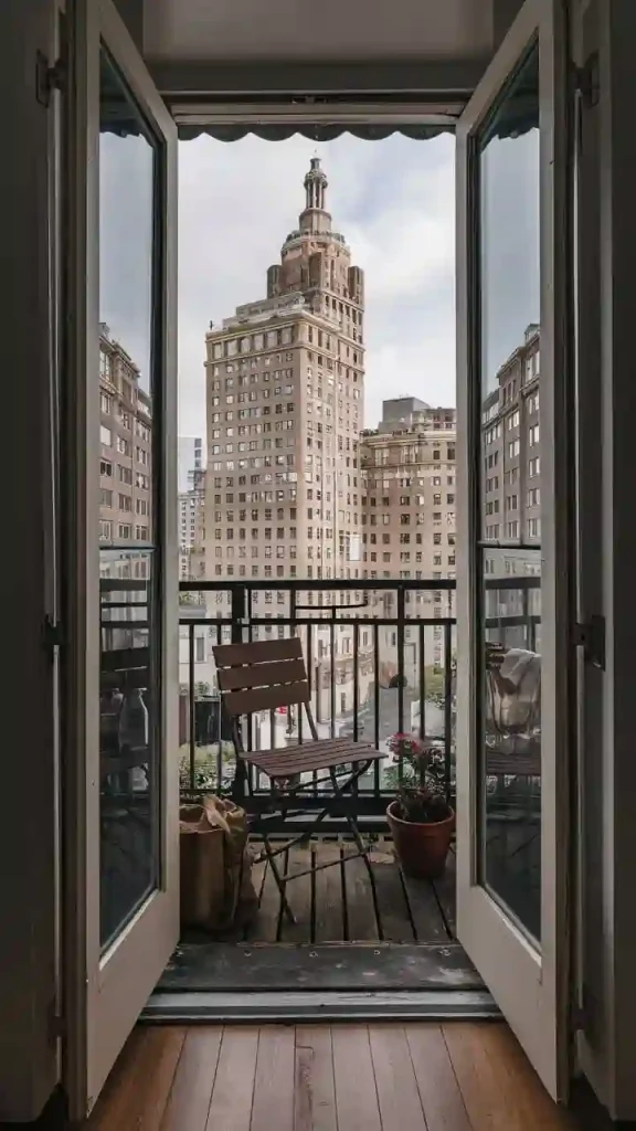 An open balcony door reveals a small table and chair set, potted plants, and a view of classic urban architecture, increasing the apartment value.