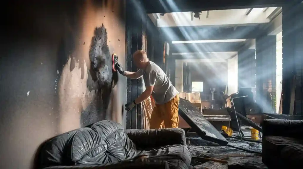 Amidst the cluttered, burnt room, light streamed through the windows as a person meticulously cleaned a smoke-stained wall. Restoration services were clearly needed to fully reclaim this space.