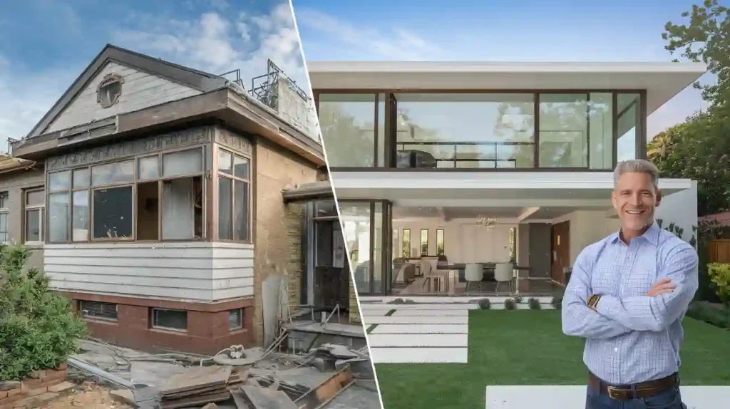 Split image of a dilapidated house on the left and a renovated modern home showcasing stunning modern architecture on the right, with a smiling licensed contractor standing in front.