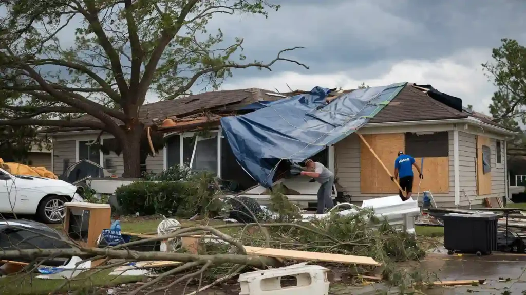 Two people assess property damage to a house with a tarp over the roof and debris scattered in the yard after a storm, likely needing restoration services.