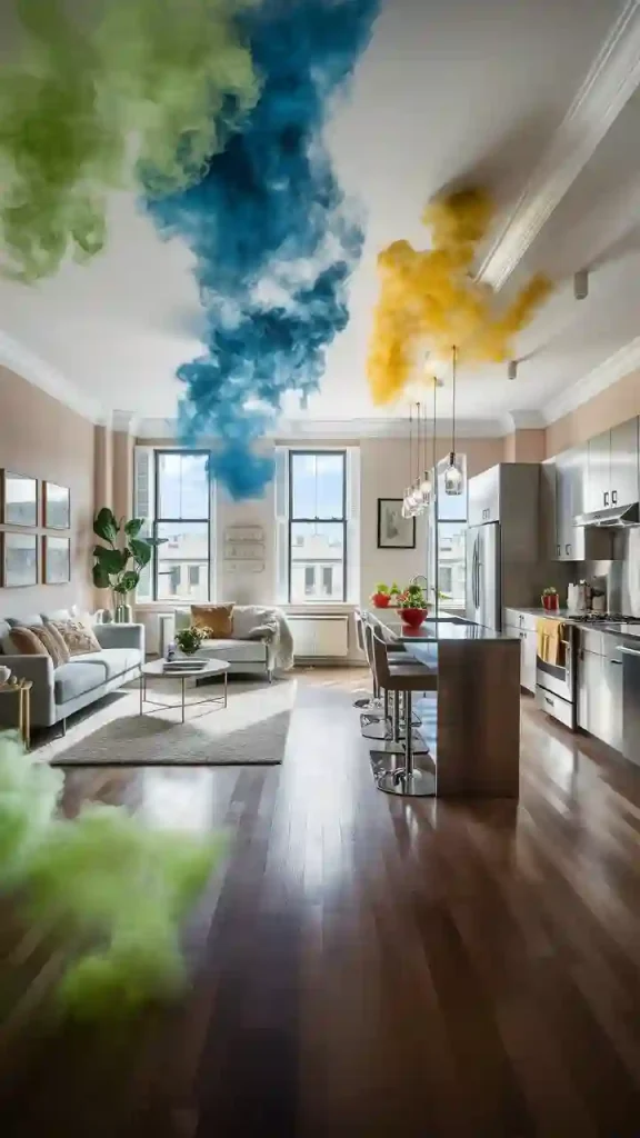 Modern apartment with an open-concept kitchen-living room featuring colorful smoke clouds, an island with stools, and large windows that add significant value.