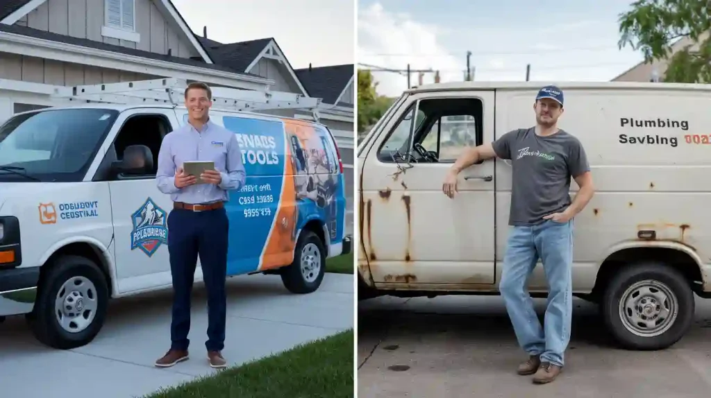 Two side-by-side images of plumbers. Left: a franchise contractor in uniform by a new van. Right: a man in casual clothes by an old van.