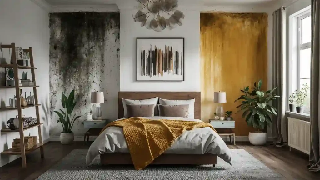 Modern bedroom with a bed, yellow blanket, two nightstands, plants, abstract art, and a unique chandelier; these small fixes can subtly increase apartment value.
