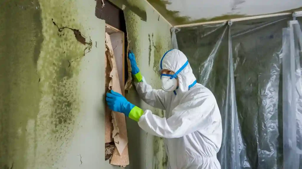 A person in protective gear is carefully removing moldy wall layers in a room, with visible black mold and plastic sheeting in the background—a testament to the vital property damage restoration work performed by restoration companies.