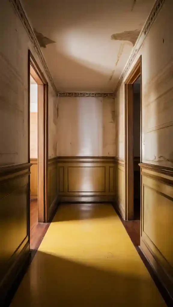 A narrow, dimly lit hallway with yellow walls, two open wooden doors, and a worn yellow floor leading to another room could decrease the value of the apartment if not maintained.