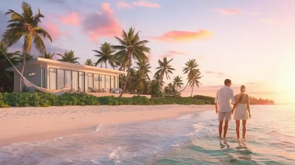 A couple walks along a tropical beach at sunset, with palm trees and a modern beachfront house in the background—an ideal scene for those perusing a beach home buying guide.