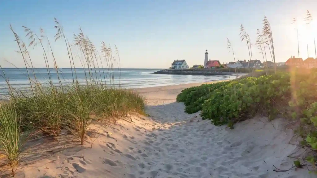 Sandy path leading to a beach with tall grasses, calm ocean waves, a lighthouse, and houses in the background at sunset—your perfect scene for consulting the Beach Property Guide.