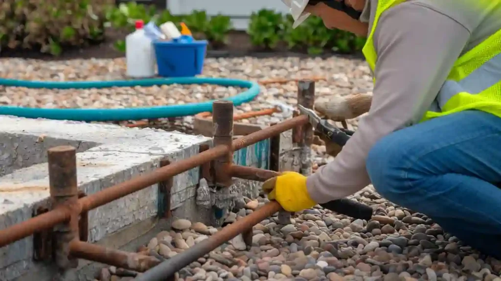 Construction worker in safety gear adjusting rebar at a concrete foundation site on a gravel surface, essential knowledge for those buying or renovating their dream beach house.