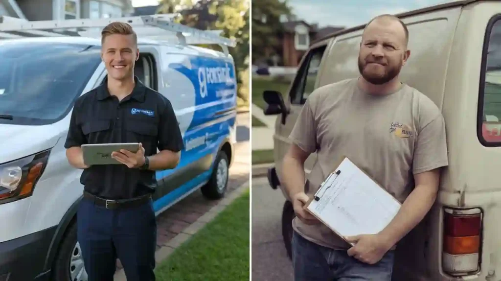 Two men standing in front of service vans, each holding a clipboard. One wears a dark uniform; the other wears a beige t-shirt, representing their roles as franchise contractors committed to delivering top-notch service.