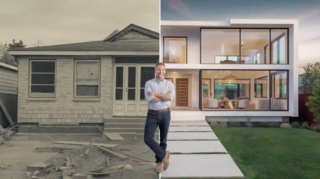 A man stands between a dilapidated house and a modern renovated house, symbolizing an essential home transformation executed by a licensed contractor.