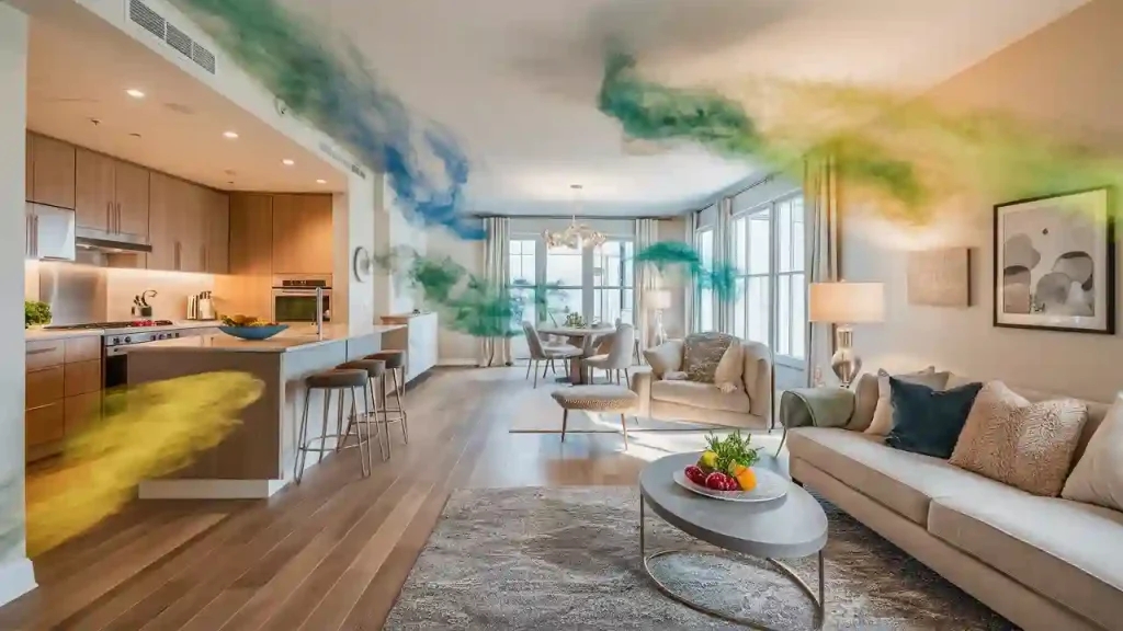 A modern, open-concept living area with colored smoke swirls showcases a kitchen, dining, and living room bathed in natural light and quiet atmosphere.