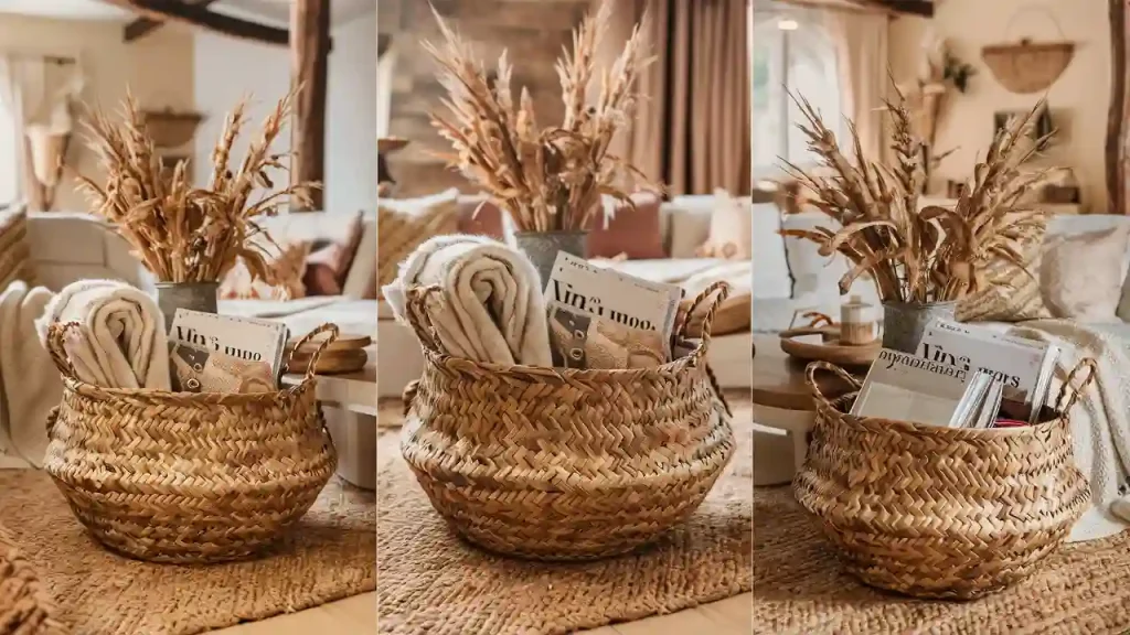 Three woven baskets with dried plants, a rolled blanket, and a book, placed on a textured rug in an Organic Modern living room.